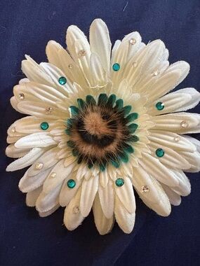 Ivory Fabric Daisy Hair Clip with Teal Accents
